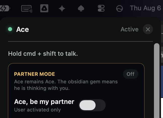 Ace open from the macOS menu bar.
